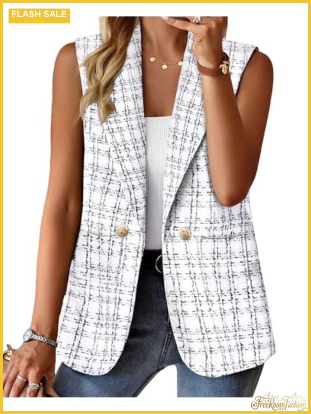 Tweed Sleeveless Vest Open Front Lightweight Blazer Jacket